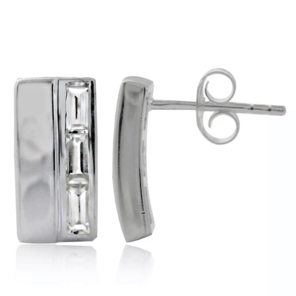 Sterling Silver 925 White Topaz Mosaic Of Baguette Journey Bar Stud